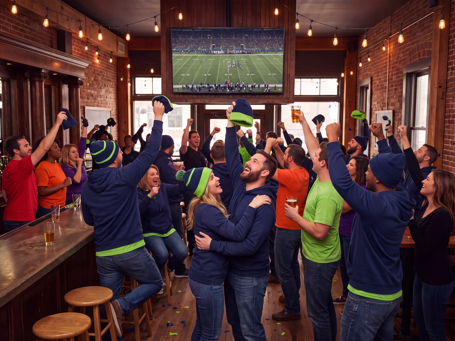 A packed bar erupting in celebration during a big game